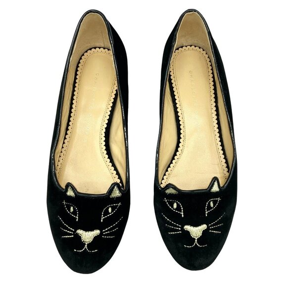 Charlotte Olympia Kitty Cat Black Velvet Flats Loafers Gold, EU 38 US 7.5-8 - Picture 8 of 12